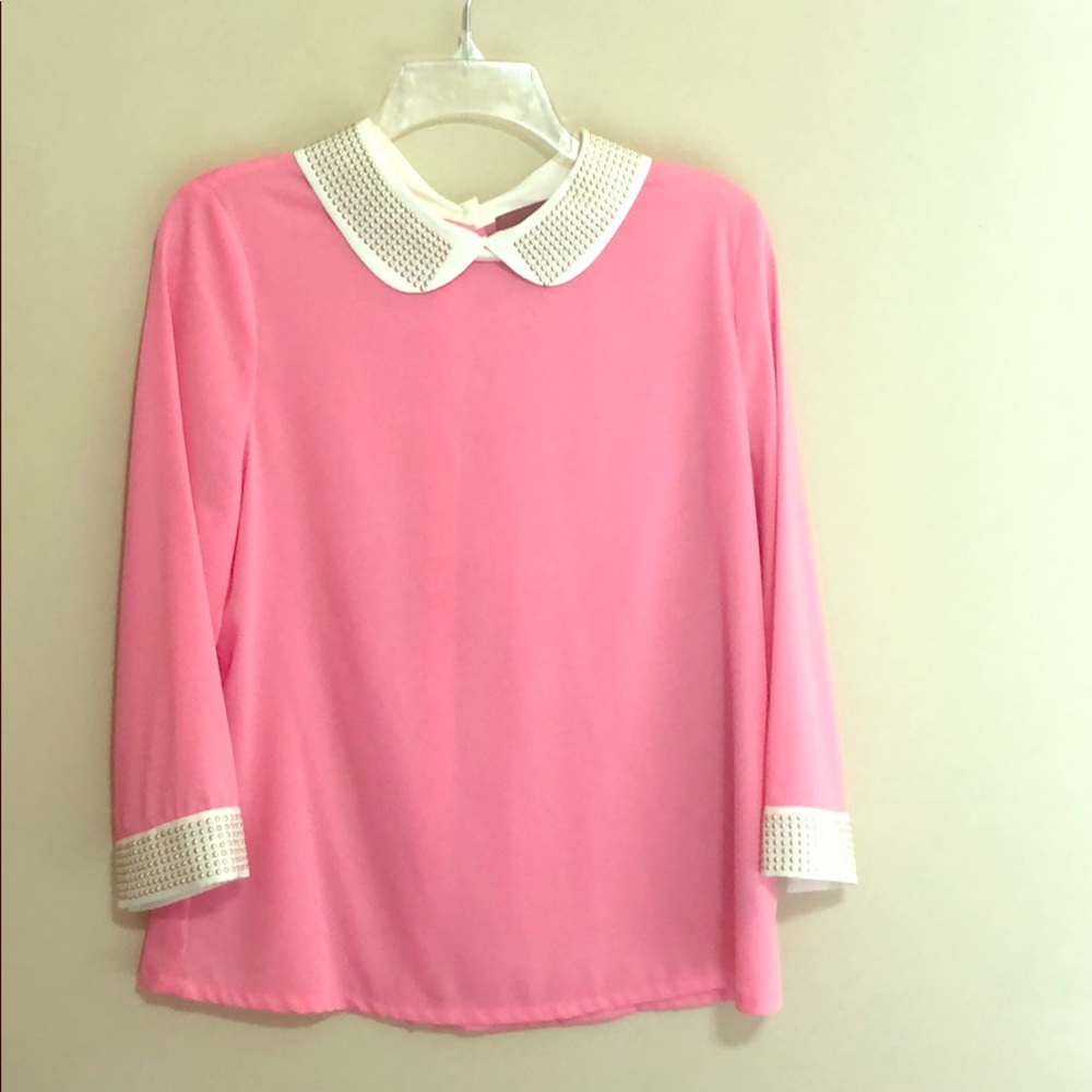 I.Madeline pink blouse with beaded collar-cuffs.